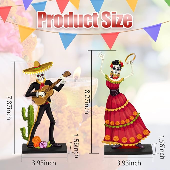 2 PCS Day of the Dead Centerpieces, Wooden Dancing Couple Sugar Skull Signs Decor Day of the Dead Table Decor Mexican Dia De Los Muertos Decor for Table Mexican Festival Halloween Decor