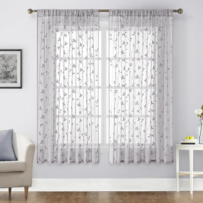 HOMEIDEAS Light Grey Sheer Curtains 52 X 63 Inches Length 2 Panels Embroidered Vine Floral Pattern Pocket Faux Linen Semi Sheer Voile Window Drapes for Bedroom Living Room