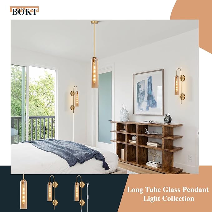 BOKT Modern 1-Light Amber Glass Wall Sconce Plug in Mid Century Brass Gold Wall Sconce Lighting Plug in Cord Industrial Vintage Indoor Long Bathroom Bar Wall Lamp (Amber)