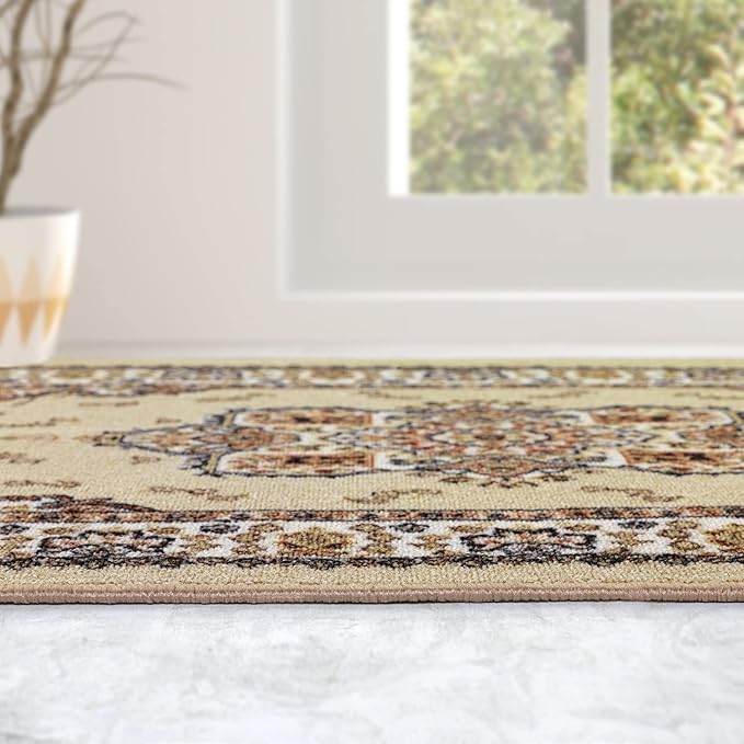 Antep Rugs Alfombras Oriental Traditional 2x4 Non-Skid (Non-Slip) Low Profile Pile Rubber Backing Kitchen Area Rugs (Beige, 2'3" x 4')