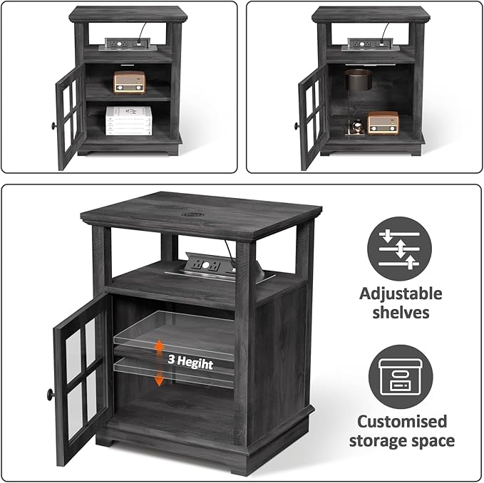 HIFYOBRO 18'' End Table with Charging Station, Adjustable Shelf & Storage, Modern Farmhouse Nightstand for Bedroom, Living Room, Office