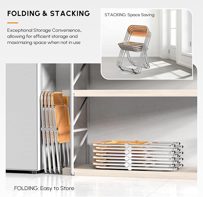 VINGLI Acrylic Folding Chairs 2 Pack, Clear Chair Foldable and Stackable, Plastic Panel & Metal Chrome Frame, Weight Capacity 350 lbs, Orange