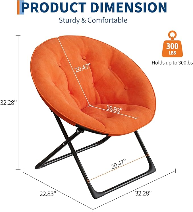 Folding Faux Fur Saucer Chair,Portable Folding Soft Moon Chair,Comfortable Lounge Chair with Metal Frame for Bedroom, Dorm Rooms, Apartments, Lounging, Garden and Courtyard, Orange