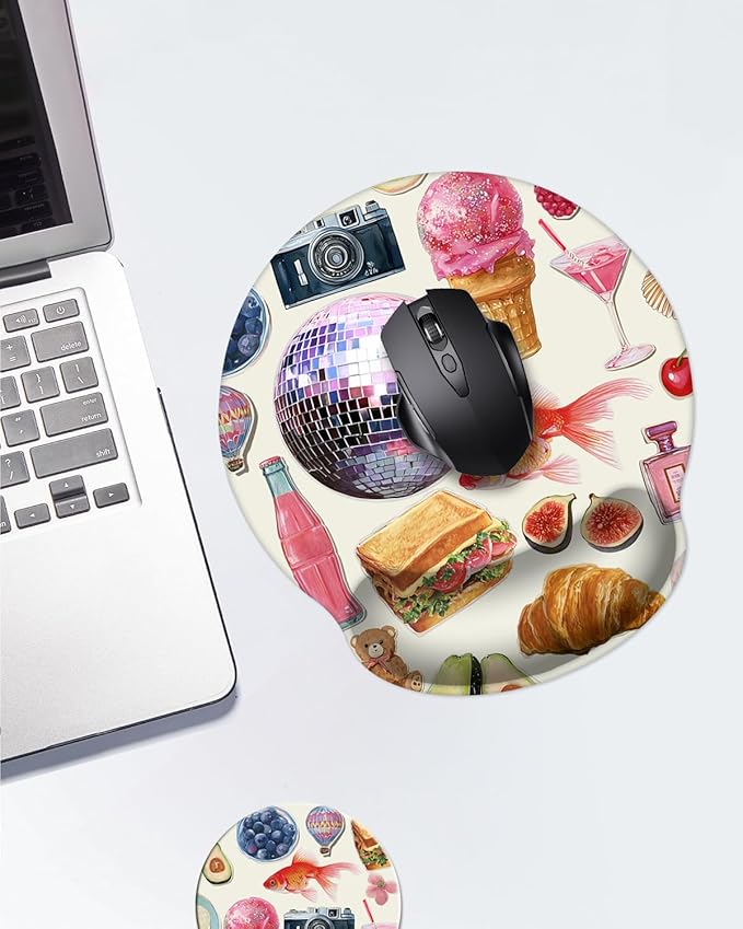 Mouse Pad with Wrist Support, Ergonomic Mouse Pad with Memory Foam Wrist Rest Cushion, Non-Slip Rubber Base Gaming Mice Pad for Home Office Computer Laptop,Girly Stickers
