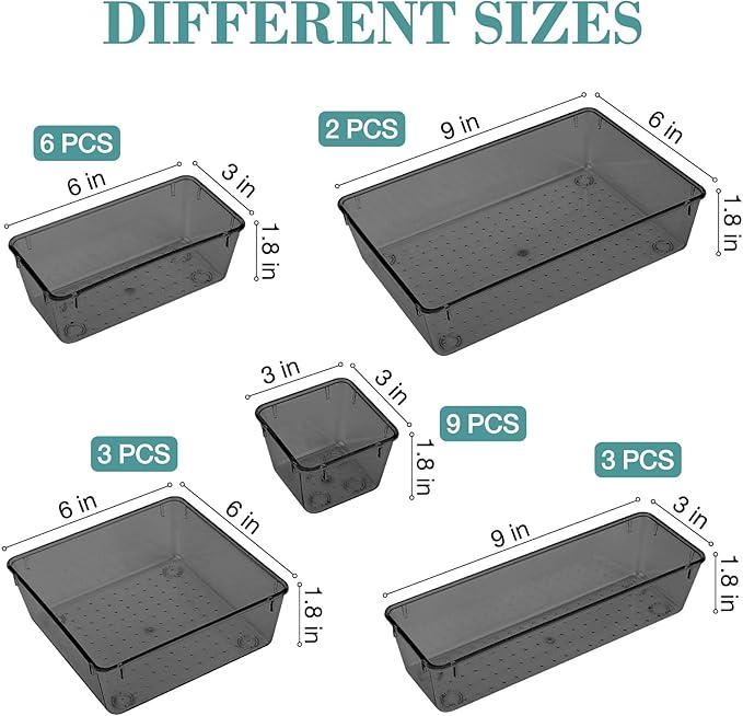 23 PCS Drawer Organizer Set, 5 Varied Size Bathroom and kitchen Drawer cabinet organizer Trays, Clear Storage Bins for Makeup, Jewelry, Utensils and Gadgets, Black