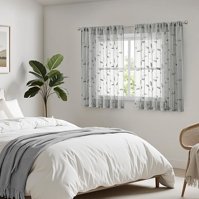 HOMEIDEAS Grey/Gray Sheer Kitchen Curtains 52 x 54 Inch Length 2 Panels Embroidered Leaf Pattern Short Curtains for Bedroom Half Small Window Rod Pocket Tiers