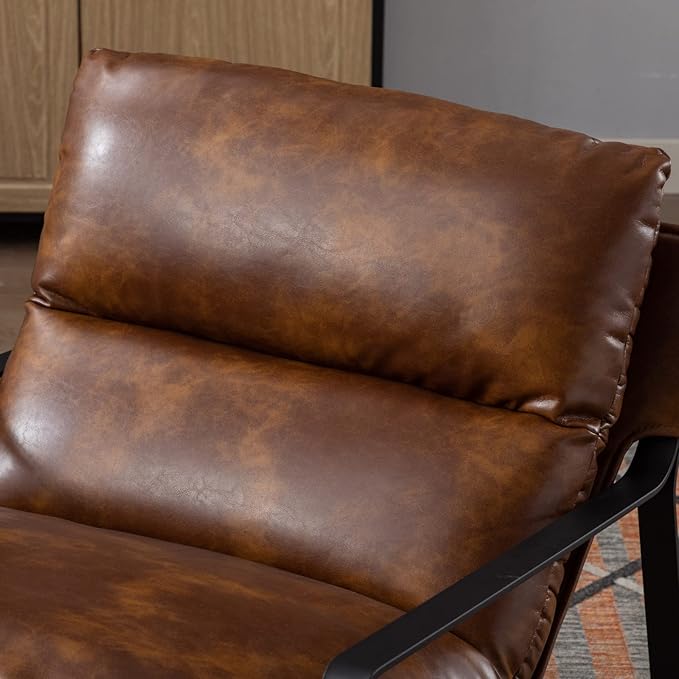 Mid-Century Accent Chair, Comfy PU Leather Side Chair with Armrest, Upholstered Leisure Chair with Black Metal Frame for Living Room Bedroom Reception Room, Brown