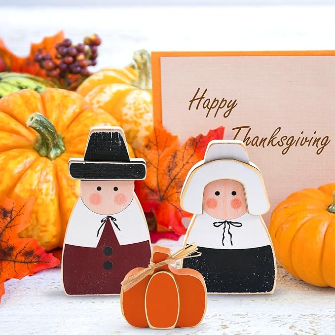 3 Pcs Fall Thanksgiving Decorations Wooden Pumpkin Pilgrim Couple Table Sign Harvest Standing Tabletop Signs for Thanksgiving Fall Home Indoor Decor