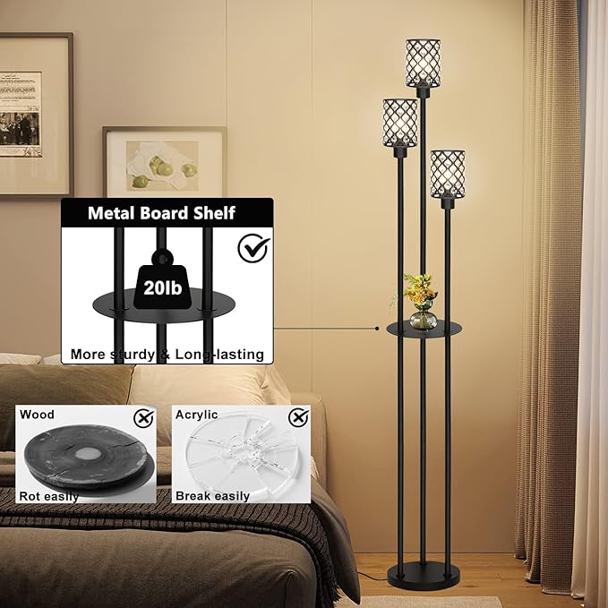 Floor Lamps for Living Room, Standing Floor Lamp with Shelves, Tall Lamp with Table, Modern Mid Century Floor Lamp with E26 Base, Coner Crystal Floor Light for Bedroom (Without Bulb)