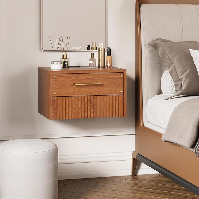 Floating Nightstand Set of 2 with Charging Station, Mid Century Modern Wood Wall Mounted Bedside Table with Storage Drawers & Fluted End Table for Bedroom, Home Small Space, Cherry, 2 PCS