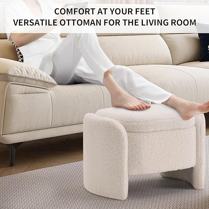 Storage Bench with Lamb Fleece Fabric, Vanity Stool Chair, Upholstered Ottoman with Small Hidden Storage for Bedroom, Living Room, Entryway, No Assembly Required, Beige
