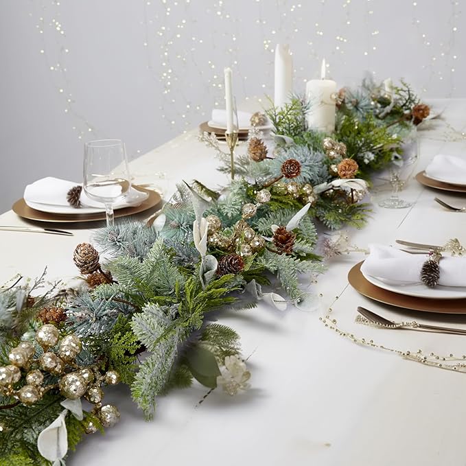 WBHome 2PCS 6ft Mixed Snowy Norway Spruce & Pine Branch with Shimmy Berries Mantle Christmas Garland, Winter Flocked Garland for Christmas Holiday Seasonal Indoor/Outdoor Home Decor