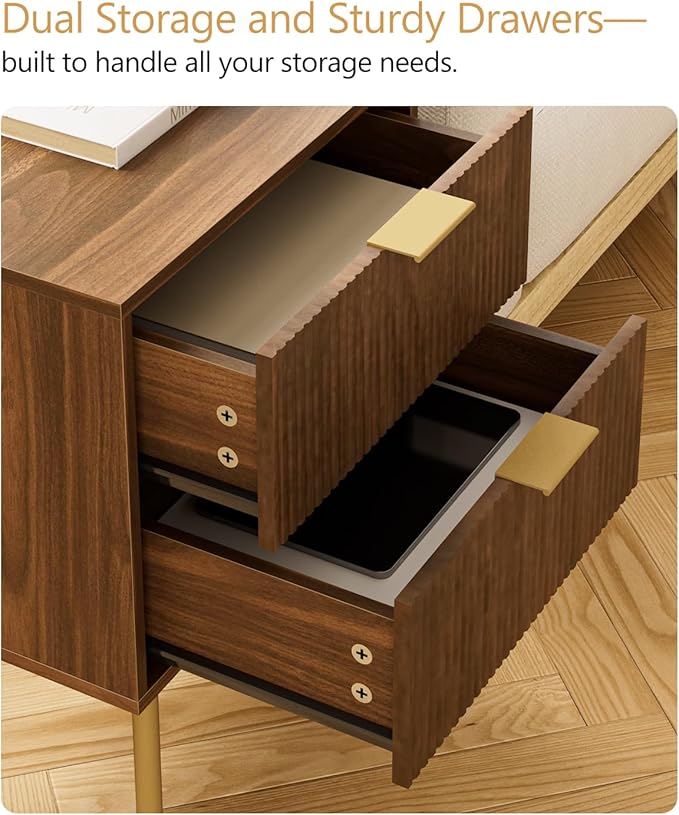 Masupu Night Stand,Mid-Century Modern Bedside Table with 2 Storage Drawer,Small Gold Frame Side End Table for Bedroom,Living Room, Walnut