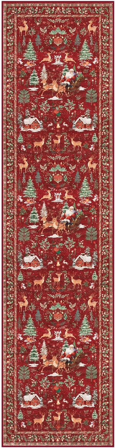 Lahome Christmas Runner - 2x8 Red Rug for Hallways, Kitchen, Bathroom - Non Slip, Washable - Soft Christmas Tree Santa Claus Carpet for Entryway, Bedside - Holiday Decor (2'x8', Red)