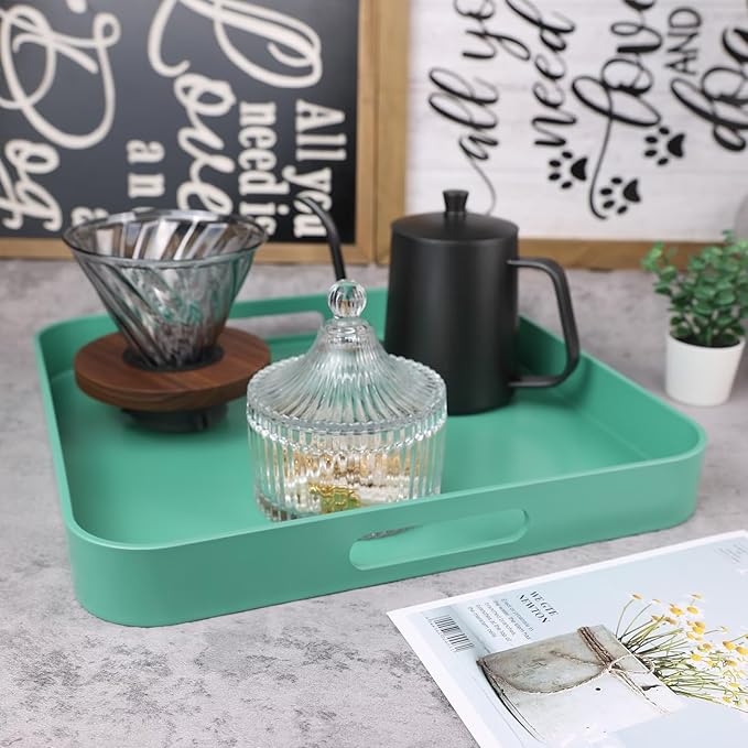 Square Green Decorative Serving Tray with Handles, Versatile Ottoman Tray for Coffee Table, Entertaining, Outdoor Patio, Living Room, 13”*13”*1.6”