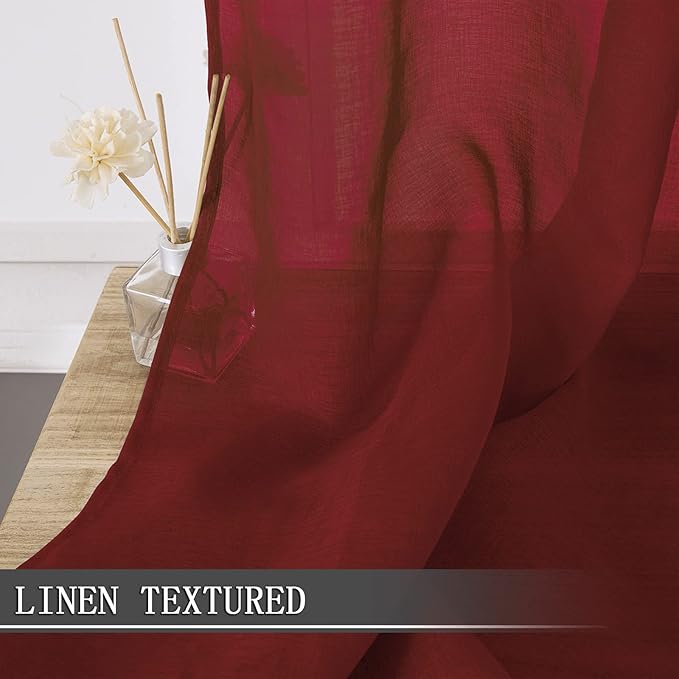 Tollpiz Sheer Curtains Linen Textured Living Room Curtain Sheers Light Filtering Rod Pocket Voile Curtains for Bedroom, 42 x 63 inches Long, Burgundy Red, Set of 2 Panels