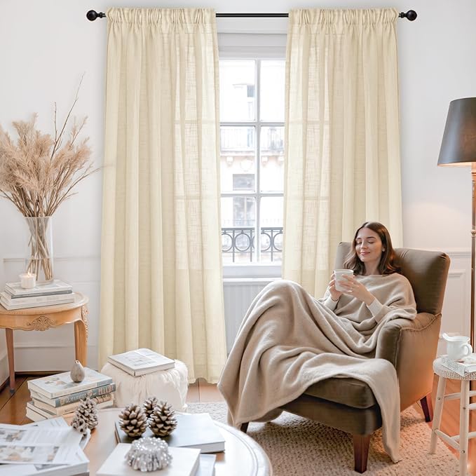 YoungsTex Natural Linen Semi Sheer Curtains 72 Inch Length for Living Room, Light Filtering Burlap Window Treatments Rustic Textured with Rod Pocket Back Tab for Dining Bedroom, 2 Panels, 52 X 72 Inch