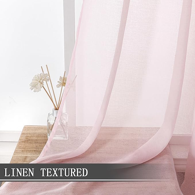 Tollpiz Sheer Tier Curtains Kitchen Linen Textured Half Curtain Sheers Light Filtering Rod Pocket Voile Bathroom Short Curtains for Farmhouse, 25 x 30 inches Long, Pink, Set of 2 Panels