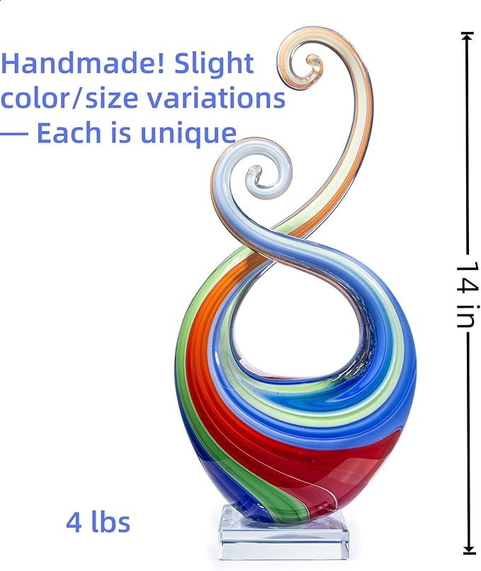 14″ Hand Blown Art Glass Sculpture with Fluid Design and Clear Square Base - Weatherproof Indoor & Outdoor Use Decor - Abstract Glass Art Piece