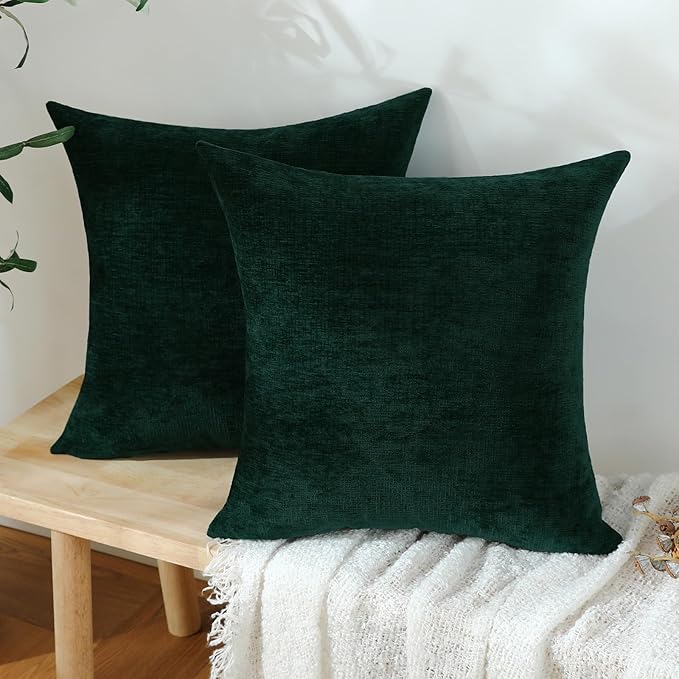Jeneoo Hunter Green Decorative Throw Pillow Covers Soft Chenille Comfy Square Couch Cushion Cases for Living Room Sofa Decor (Set of 2, 18 x 18 Inches)