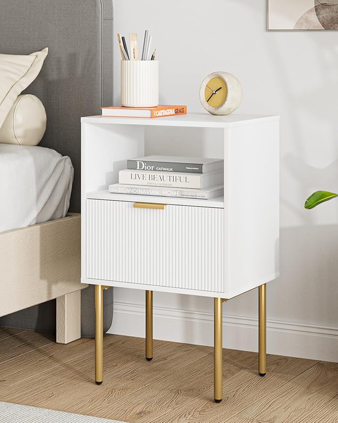 Masupu Night Stand, Mid-Century Bedside Table with Storage Drawer and Open Wood Shelf, Small Gold Frame Flueted Nightstand, Side Table for Bedroom, Living Room, White(Tall 25'')