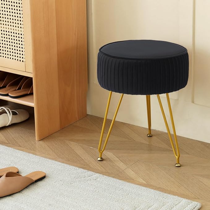 Velvet Vanity Stool Chair, Round Makeup Vanity Chair with Adjustable Metal Legs & Soft Padded Seat, Ottoman Foot Stool for Bedroom, Living Room, Entryway, Black