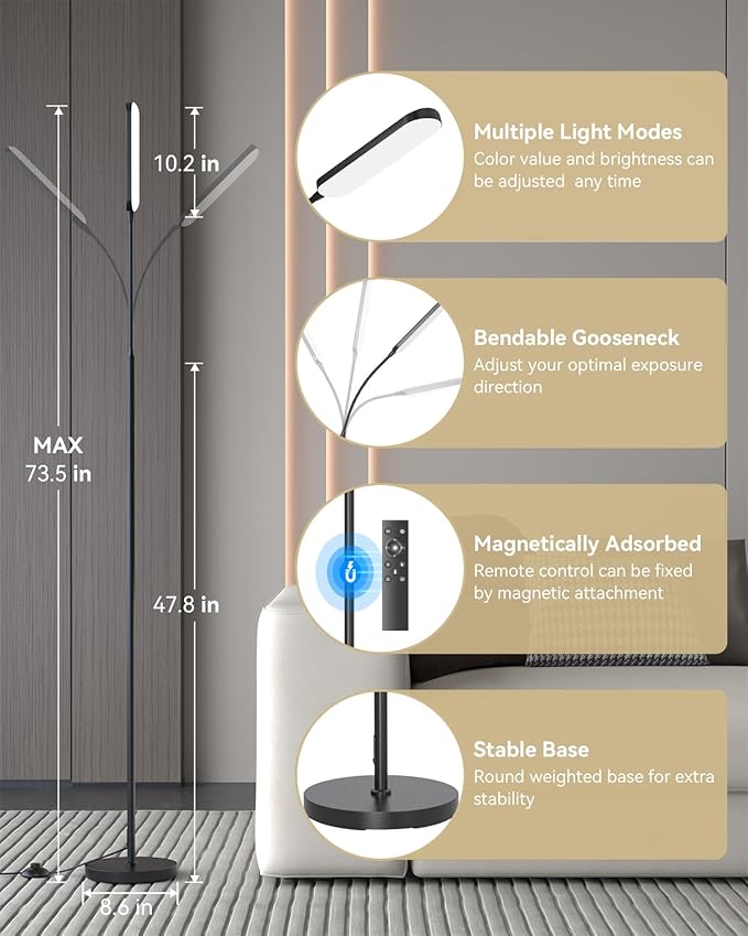 LED Floor Lamp with Remote Control Foot Switch for Living Room, Stepless Adjustable Colour Temperature Brightness Standing Lamp with Timer, Eye Caring Tall Lamp Reading for Bedroom,office, Gift