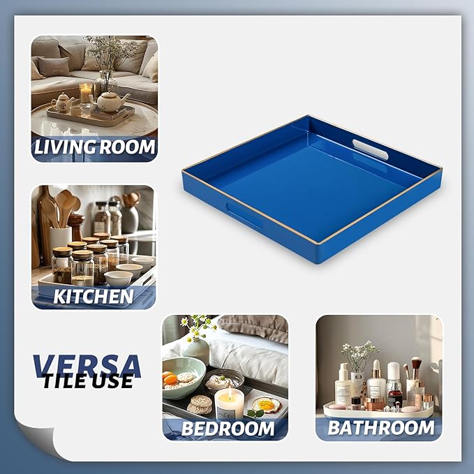 MAONAME Decorative Tray, Royal Blue Serving Tray with Handles, Coffee Table Trays, Square Plastic Trays for Ottoman, Bathroom, Kitchen, 13"x13"x1.57"