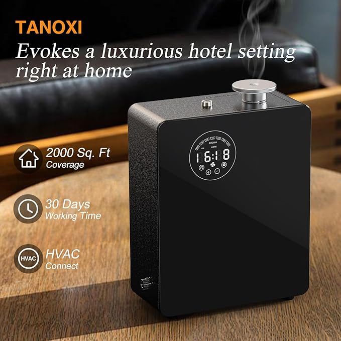 HVAC Waterless Diffuser - Smart Scent Air Machine for Home & Commercial Use, Covers 3000 sq. ft., HVAC or Portable Large Room Waterless Diffusers, Touch & Bluetooth Control, Metal, Black