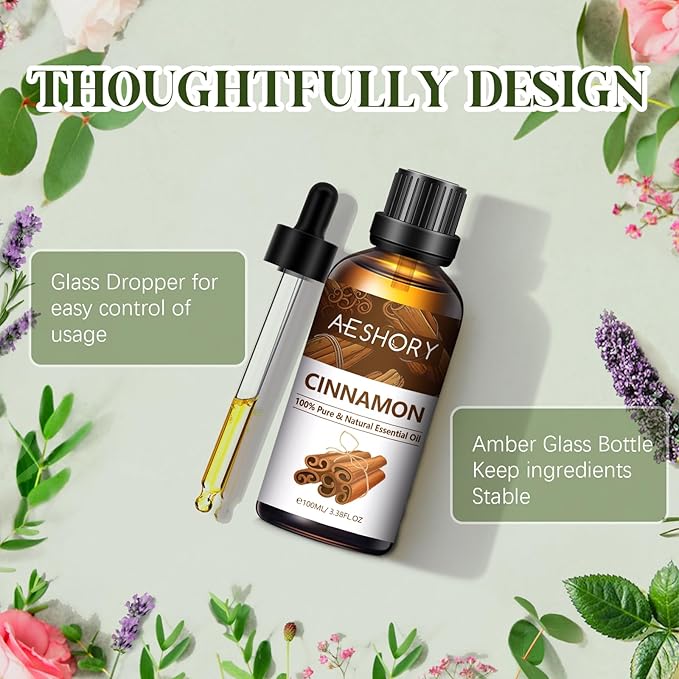 Cinnamon Essential Oil 3.38FL.OZ - Aromatherapy Essential Oils for Diffusers for Home, Cinnamon Scented Oils for Massage, Soap Candle Making Scents - 100ML