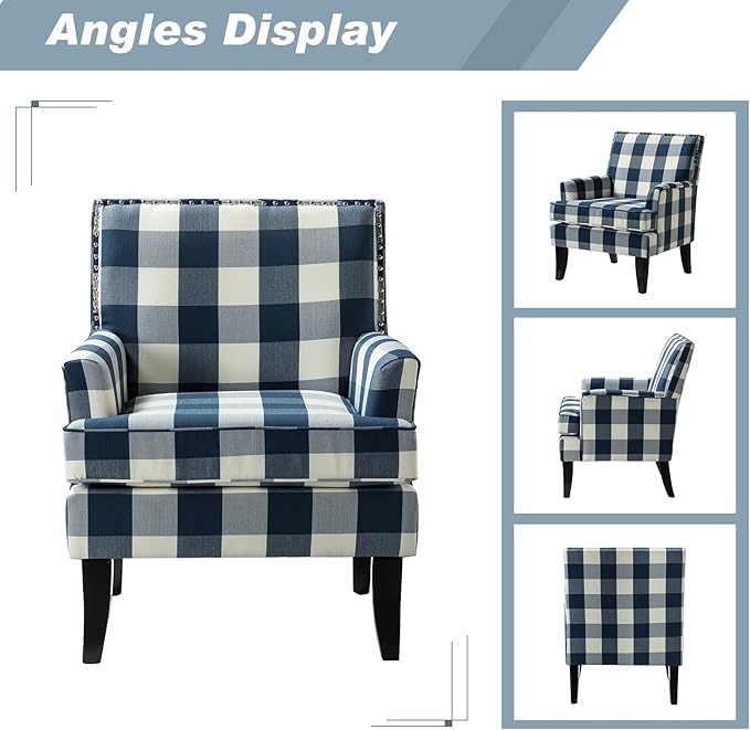 HULALA HOME Modern Accent Chairs Set of 2, Farmhouse High Back Buffalo Plaid Chairs with Wooden Legs & Nail Head Trim, Comfy Upholstered Armchairs for Living Room/Bedroom (Buffalo Navy)