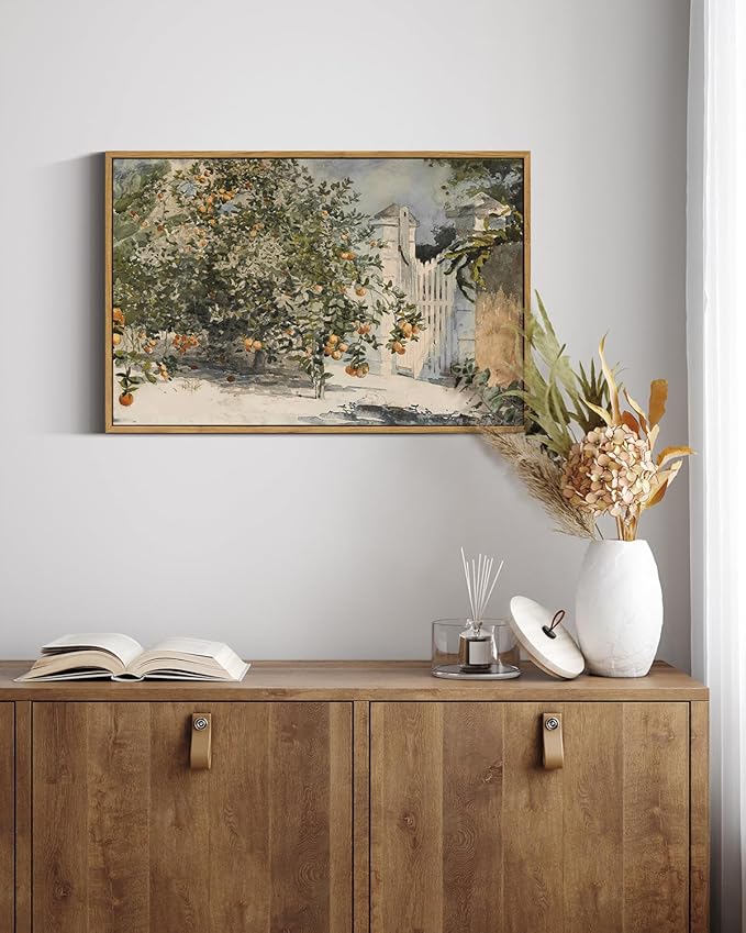 VIYYIEA Plant Large Framed Wall Art, Orange Trees and Gate Vintage Art Decor Room Aesthetic, 16X24 Inch Canvas Print Art, Farmhouse Still Life Painting Wall Decor for Bedroom Bathroom Office