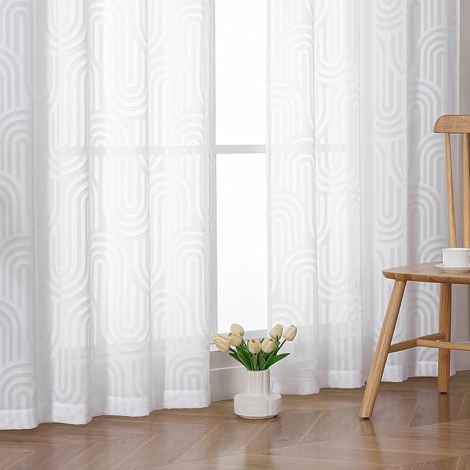 Simplebrand Sheer White Kitchen Curtains 36 Inch Length 2 Panels Set for Window, Soft Airy Geometric Jacquard Semi Sheer Curtains for Bathroom, Modern Rod Pocket Window Curtains, 42Wx36L Inches