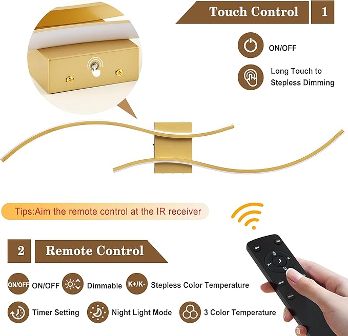 Battery Operated Wall Sconces with Remote Control, Stepless Colors 3000K-6000K & Dimming, LED Gold Wireless Wall Light for Living Room, Hallway, Bedroom, 39.3 Inch (1 Pack)