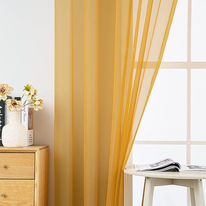 MIULEE 2 Panels Solid Color Sheer Window Curtains Elegant Window Voile Fall Panels/Drapes/Treatment for Bedroom Living Room (54X54 Inches Gold)