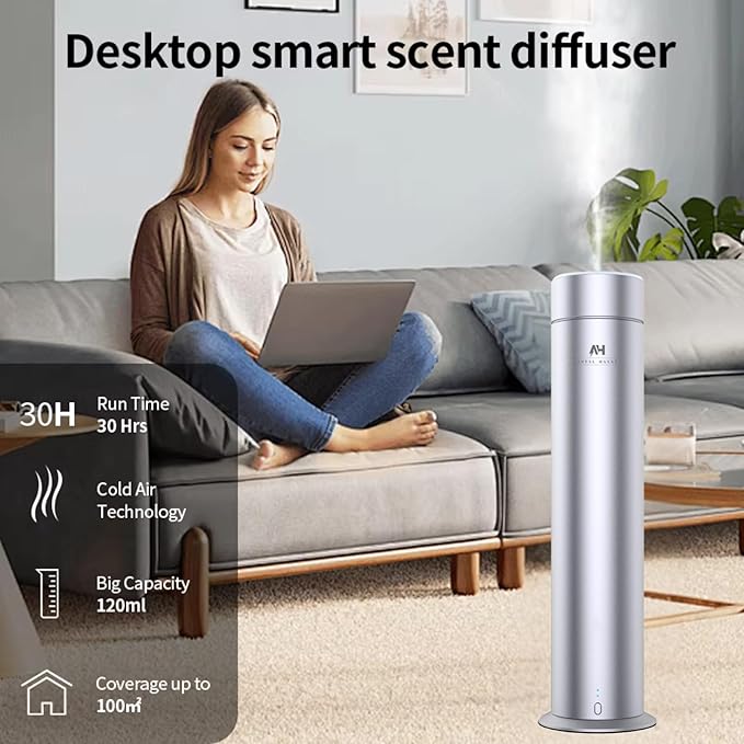 Waterless Fragrance Oil Diffuser - Rechargeable App Control Diffuser for Essential Oil - Home Luxury Scents Refill - 1200 sq. ft Coverage - Hotel Scents Starter Kit - Antal Hayat Hotel Scents