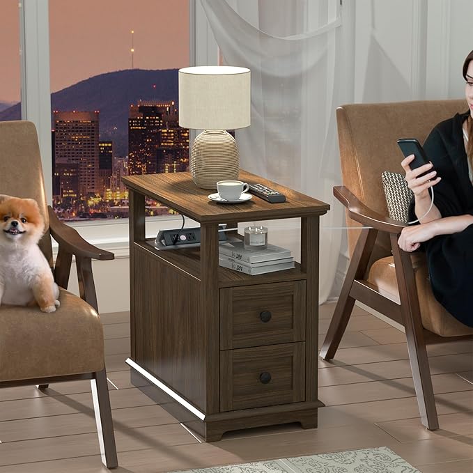 HIFYOBRO Narrow End Table with Flip Top Charging Station and 2 Drawers, Type-C & USB Port & Power outlets, Wooden Storage Cabinet, Side Table with Storage for Living Room and Bedroom