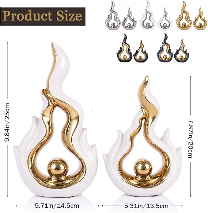 2 Pcs White and Gold Ceramic Sculptures for Home Decor, Modern Abstract Art Statues, Centerpieces for Dining Room Table, Living Room, Shelf, Mantel, Coffee Table, Entryway Accent Decorations