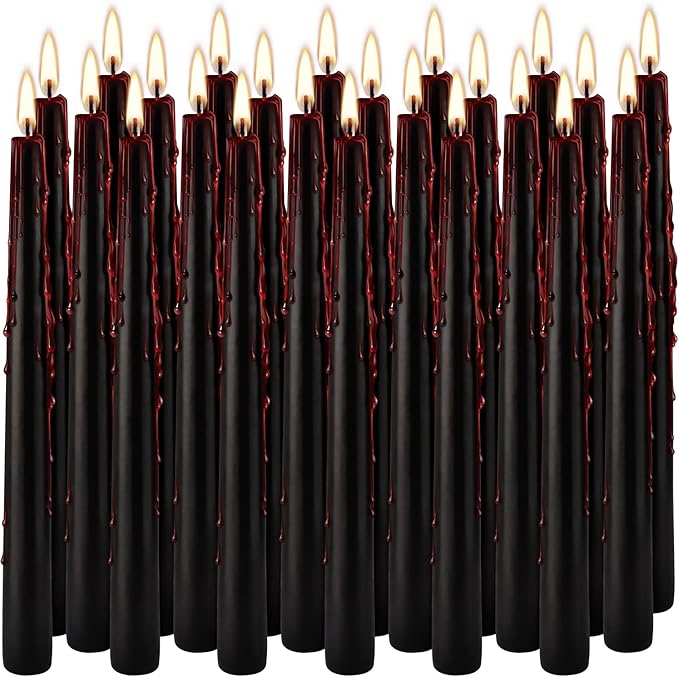 24 Pack Vampire Tears Taper Candles, 10 inch Tall Bleeding Candles, Unscented Black Tapered Candlesticks, Spooky Blood Drip Candle Set for Halloween Party Gothic Home Decorations