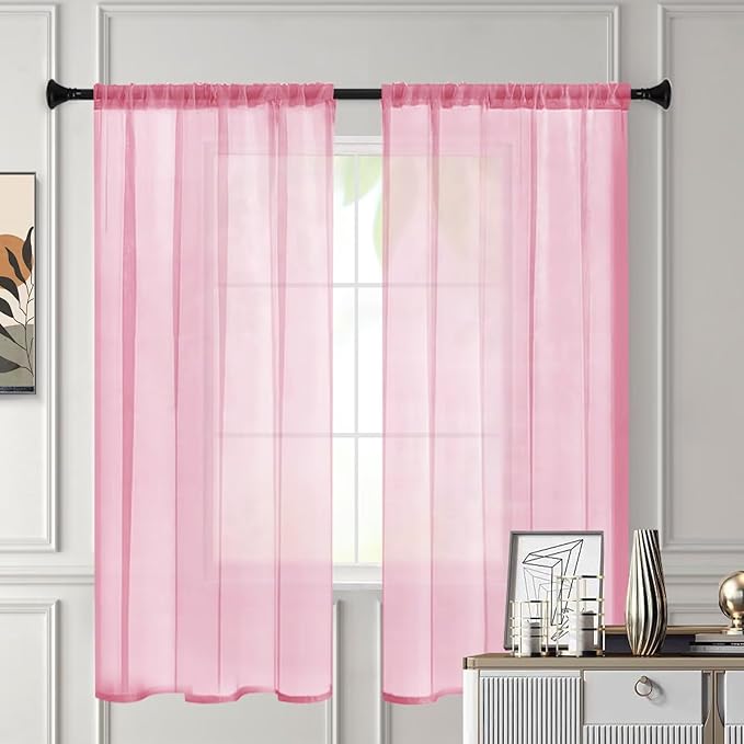 Sheer Curtains 84 Inches Long 2 Panels, Rod Pocket Short Curtain for Kitchen, Bedroom, Cafe Window(Pink 38" W x 84" L)