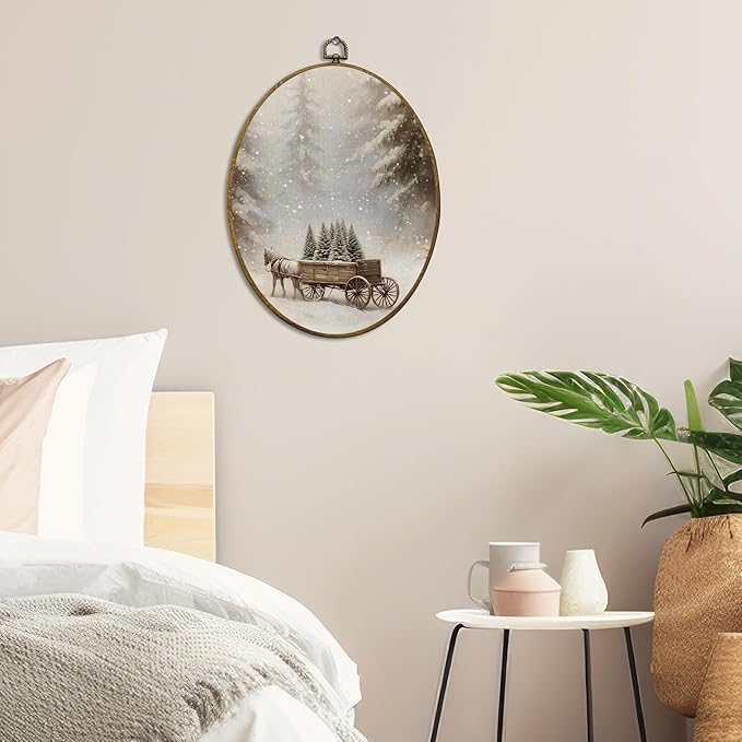 QZQE Vintage Christmas Winter Forest Oval Wall Art Decor Framed, Winter Landscape Pine Trees Carriage Oval Canvas Prints, Cozy Rustic Wall Hanging Decor for Home Bedroom Living Room, 8.6x11.4 Inch