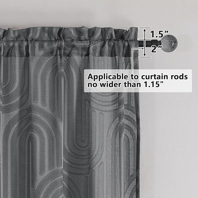 Simplebrand Charcoal Grey Sheer Curtains 45 Inch Length 2 Panels, Geometric Mid Century Jacquard Clip Textured Short Curtains for Bedroom, Light Filtering Rod Pocket Curtains, 42Wx45L Inches
