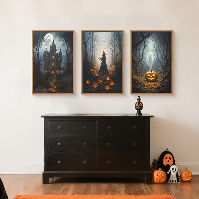Halloween Moon Castle Framed Canvas Wall Art Set, Scary Dark Forest Witch Wall Decor, Cute Ghost Wall Painting, Pumpkin and Bats Art Prints for Gothic Party, Living Room, Club -24"x36"x3