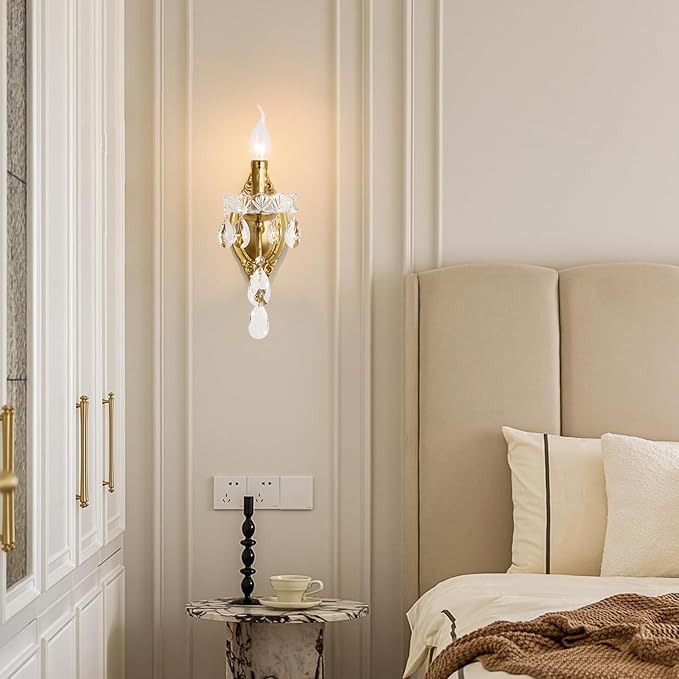 Vintage Wall Sconces, Gold Wall sconces Gold Crystal Wall Light, 1-Light Wall Lighting with Crystal Glass Shade, Matte Brushed Antique Brass Finish, Wall Lamp for Bathroom,Hallway(E12 Base)