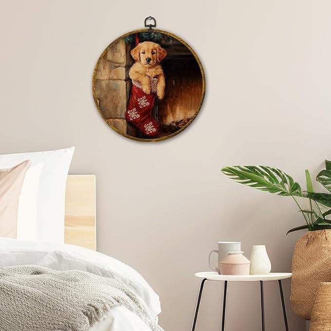 QZQE Vintage Christmas Golden Retriever Round Wall Art Decor Framed, Christmas Dog Circle Canvas Prints, Moody Winter Xmas Dog Stocking Circular Wall Hanging Decor for Home Bedroom, 10x10 Inch