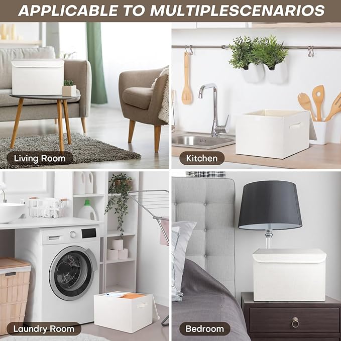 Large 22 Quart Linen Fabric Foldable Storage Bin Cube Organizer Basket with Flip-Top Lid & Handles, Clothes Blanket Box for Home, Office, Closet, White, 4 Pack 14.6 x 9.5 x 9.5”