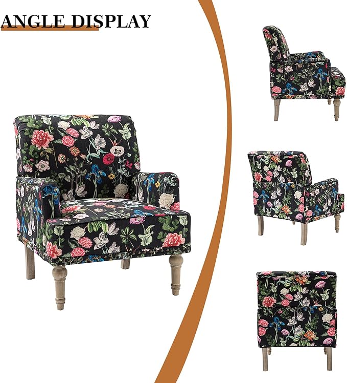 HULALA HOME Modern Armchair with Wooden Legs & Nailhead Trim, Comfy Upholstered Accent Chair for Living Room Bedroom (Floral Patterns, Black)
