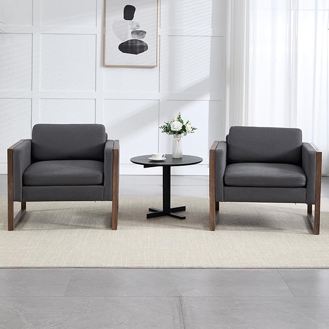 Kmax Modern Accent Chairs Set of 2, Charcoal Fabric Upholstered Club Chair, Comfy Arm Reception Chairs Living Room Chair for Hotel Conference, Walnut Wood