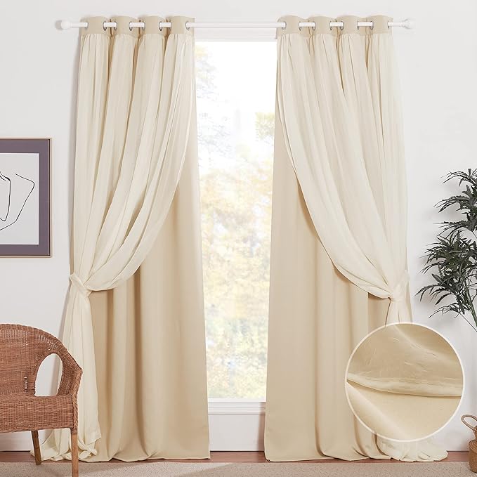 NICETOWN Bedroom Nursery Biscotti Beige Curtains Double-Layered Sheer & Blackout Panels with Free Tie-Backs, Home Decor Window Drapes for Kids (2 Panels, 52 inches Wide x 72 inches Long)