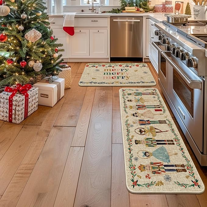 Artoid Mode Watercolor Nutcrackers Merry Christmas Decorative Kitchen Mats Set of 2, Home Party Low-Profile Kitchen Rugs - 24x35 and 24x59 Inch